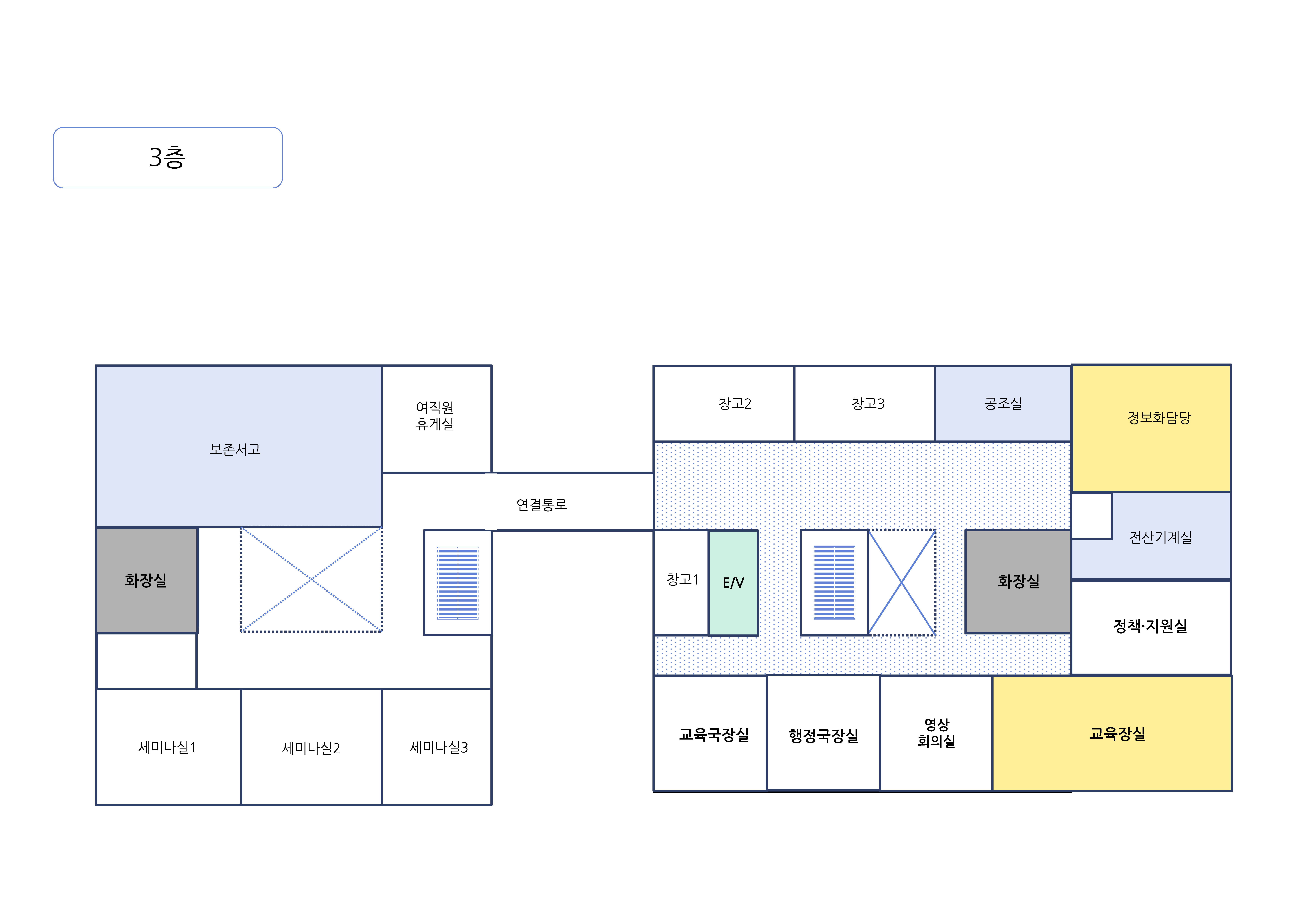 별관3F: 보존서고, 여직원휴게실, 화장실, 세미나실1, 세미나실2, 세미나실3, 연결통로, 본관3F : 창고1, E/V, 창고2, 창고3, 공조실, 정보화담당, 전산기계실, 화장실, 정책지원실, 교육장실, 영상회의실, 행정국장실, 교육국장실