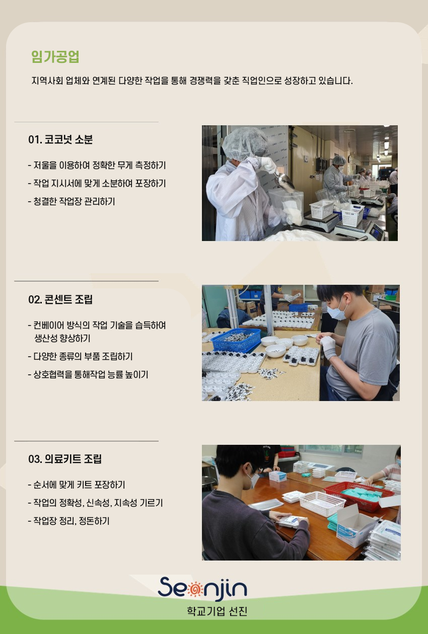 임가공업 지역사회 업체와 연계된 다양한 작업을 통해 경쟁력을 갖춘 직업인으로 성장하고 있습니다. 01. 코코넛 소분 저울을 이용하여 정확한 무게 측정하기 작업 지시서에 맞게 소분하여 포장하기 청결한 작업장 관리하기 02. 콘센트 조립 컨베이어 방식의 작업 기술을 습득하여 생산성 향상하기 다양한 종류의 부품 조립하기 상호협력을 통해작업 능률 높이기 03. 의료 키트 조립 순서에 맞게 키트 포장하기 작업의 정확성, 신속성, 지속성 기르기 작업장 정리, 정돈하기 seonjin 학교기업 선진