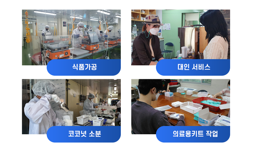 식품가공, 대인서비스, 코코넛소분, 의료용키트 작업